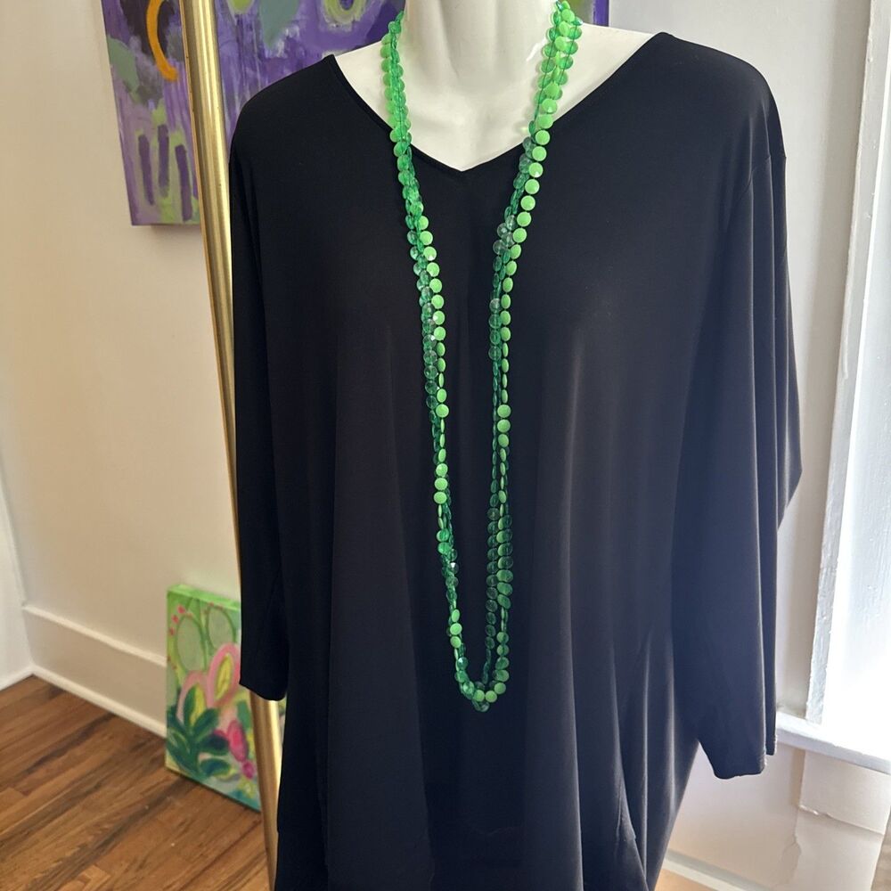 VINTAGE Costume 3 Strand Green Plastic Disc Bead Necklace Long
